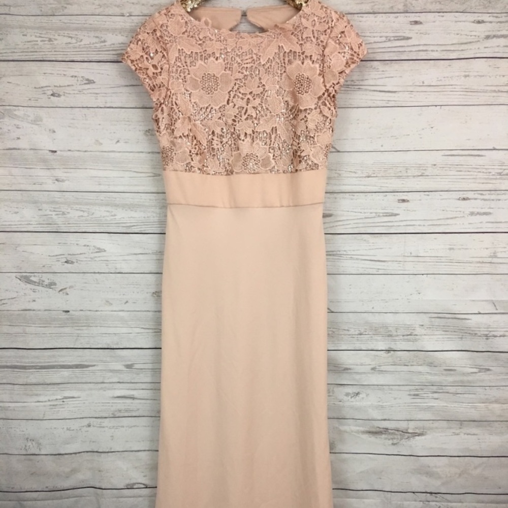 JS collection lace sequins bodice with stretch crape floor length gown - Picture 5 of 11